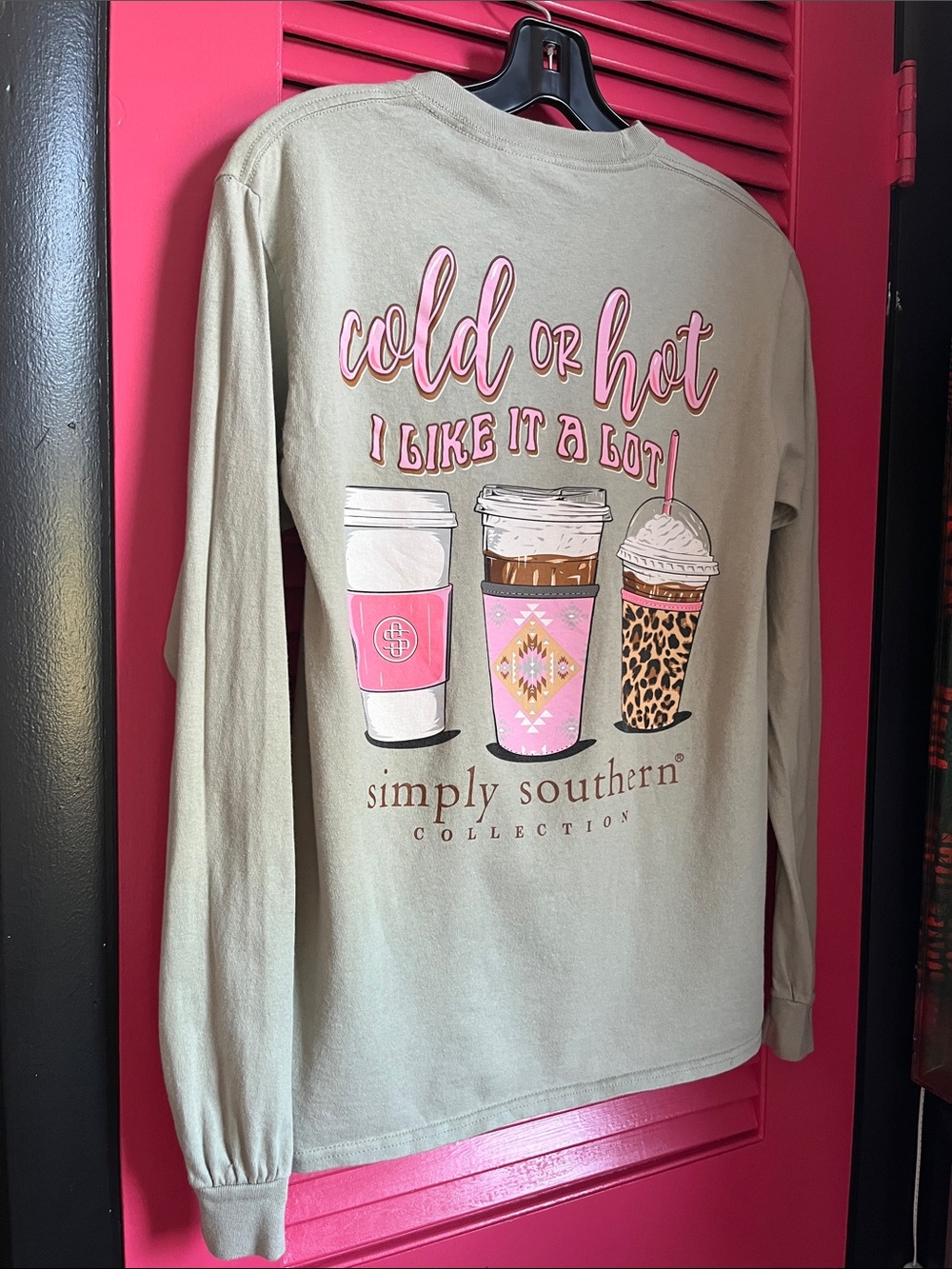 Simply Southern Sage Long Sleeve Tee with Pink & Leopard Coffee Graphic - Picture 2 of 15